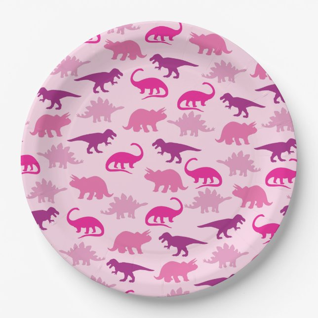 Niedlich Dinosaur Kinderdusche Dino Pink Girl Pappteller (Vorderseite)
