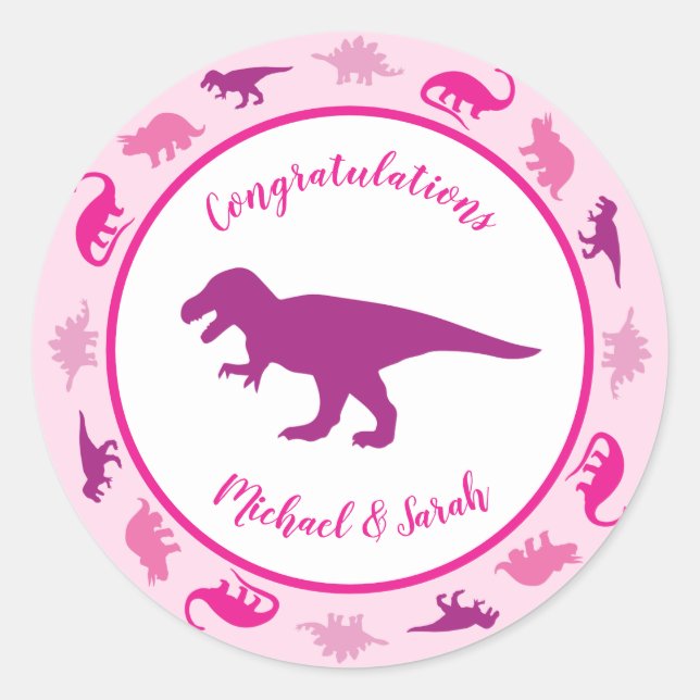 Niedlich Dinosaur Kinderdusche Dino Pink Girl Runder Aufkleber (Vorderseite)