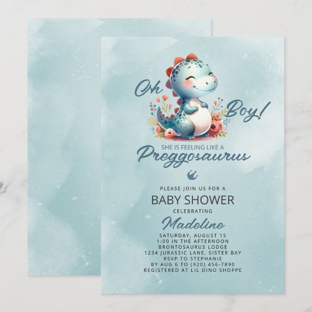 Niedlich Dinosaur Preggosaurus Baby Dusche Einladung (Vorne/Hinten)