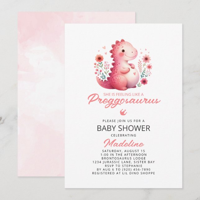 Niedlich Dinosaur Preggosaurus Baby Dusche Einladung (Vorne/Hinten)