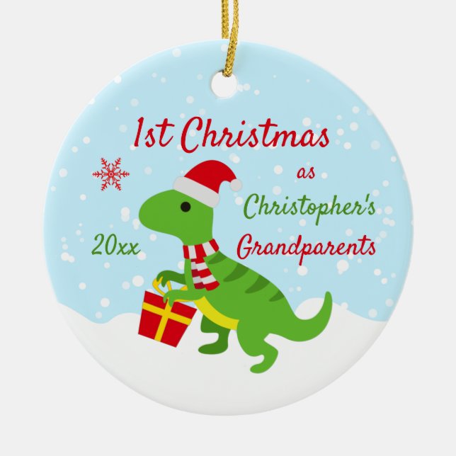 Niedlich Dinosaur T-Rex Großeltern Erste Weihnacht Keramik Ornament (Vorne)