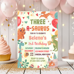 Niedlich Dinosaur Three-A-Saurus 3. Geburtstagsjub Einladung