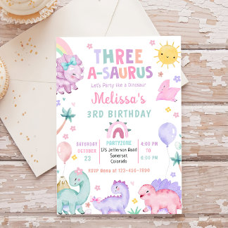 Niedlich Dinosaur Three-A-Saurus 3. Geburtstagsjub Einladung