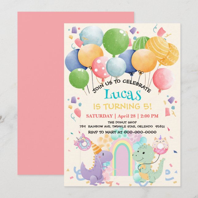 Niedlich Dinosaur Unicorn Rainbow donut Ballonpatt Einladung (Vorne/Hinten)