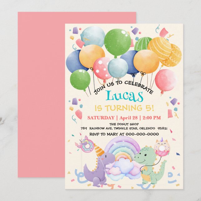 Niedlich Dinosaur Unicorn Rainbow donut Ballonpatt Einladung (Vorne/Hinten)
