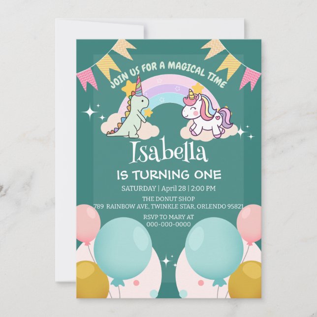 Niedlich Dinosaur Unicorn Regenbogen Ballon Geburt Einladung (Vorderseite)