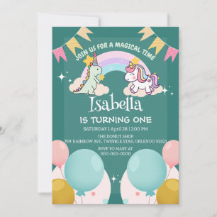 Niedlich Dinosaur Unicorn Regenbogen Ballon Geburt Einladung