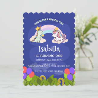 Niedlich Dinosaur Unicorn Regenbogen Ballon Geburt Einladung