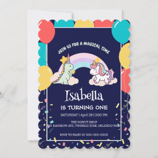 Niedlich Dinosaur Unicorn Regenbogen Ballon Geburt Einladung