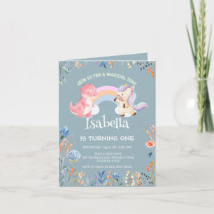 Niedlich Dinosaur Unicorn Regenbogen Ballon Geburt Einladung