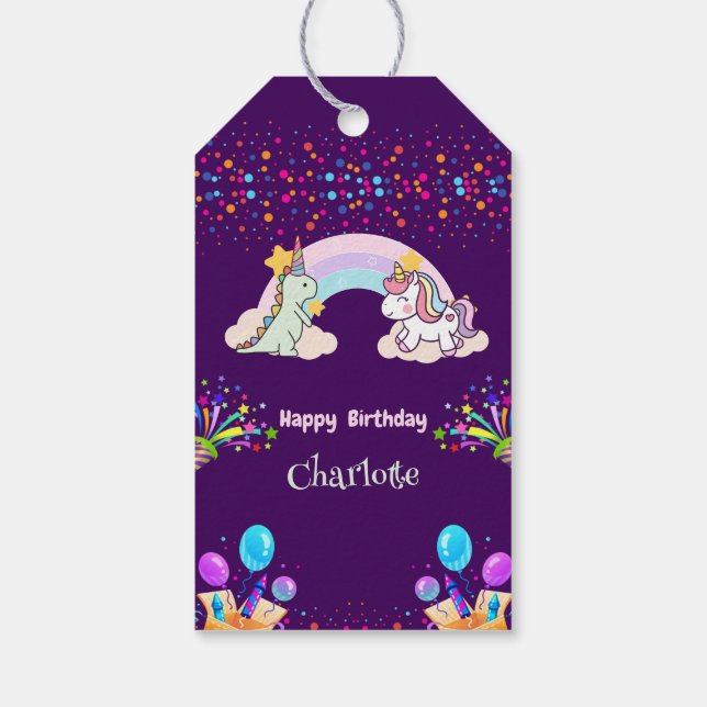 Niedlich Dinosaur Unicorn Regenbogen Ballon Geburt Geschenkanhänger (Rückseite)