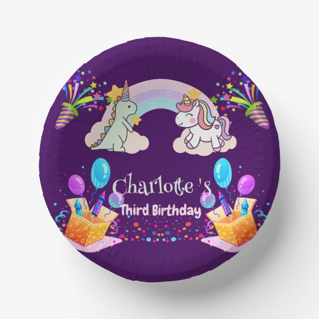 Niedlich Dinosaur Unicorn Regenbogen Ballon Geburt Pappteller (Vorderseite)