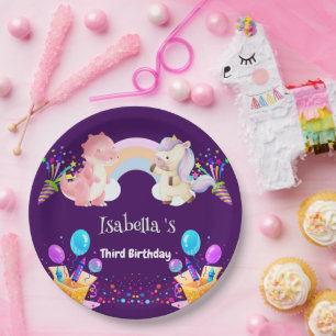 Niedlich Dinosaur Unicorn Regenbogen Ballon Geburt Pappteller