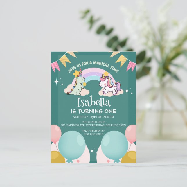Niedlich Dinosaur Unicorn Regenbogen Ballon Geburt Postkarte (Stehend Vorderseite)