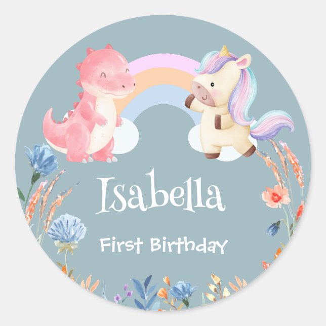 Niedlich Dinosaur Unicorn Regenbogen Ballon Geburt Runder Aufkleber (Vorderseite)