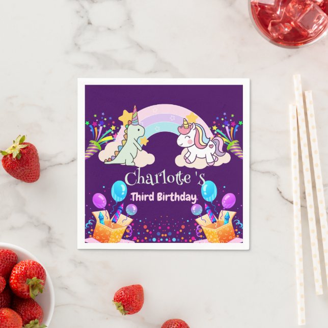 Niedlich Dinosaur Unicorn Regenbogen Ballon Geburt Serviette (Beispiel)