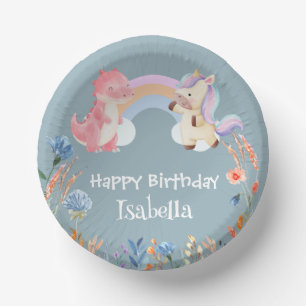 Niedlich Dinosaur Unicorn Regenbogen Blume Geburts Pappteller