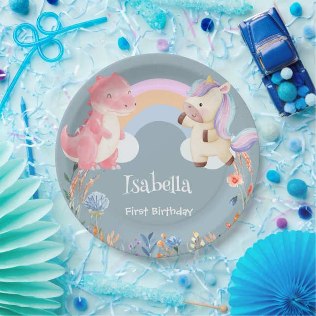 Niedlich Dinosaur Unicorn Regenbogen Blume Geburts Pappteller (Party)
