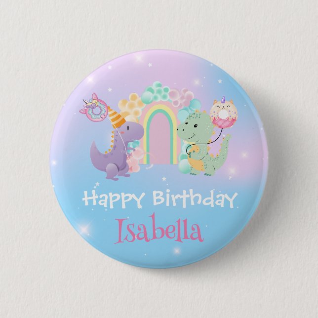 Niedlich Dinosaur Unicorn Regenbogenballon Geburts Button (Vorderseite)
