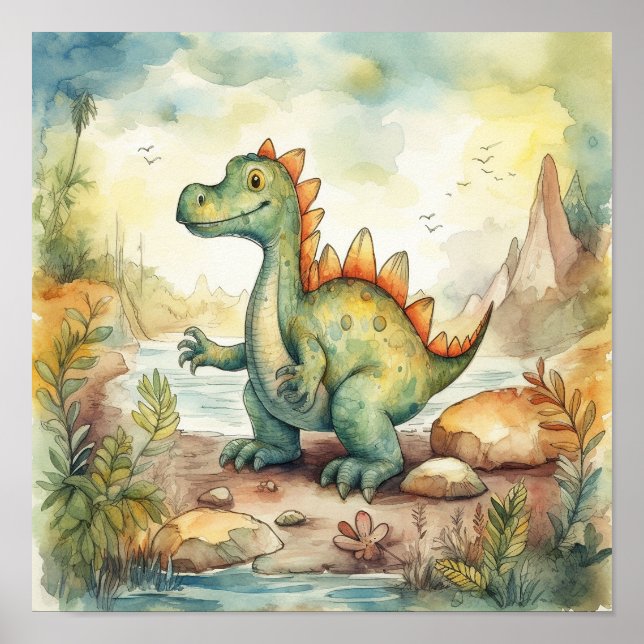 Niedlich Dinosaur Watercolor Storybook Illustratio Poster (Vorne)
