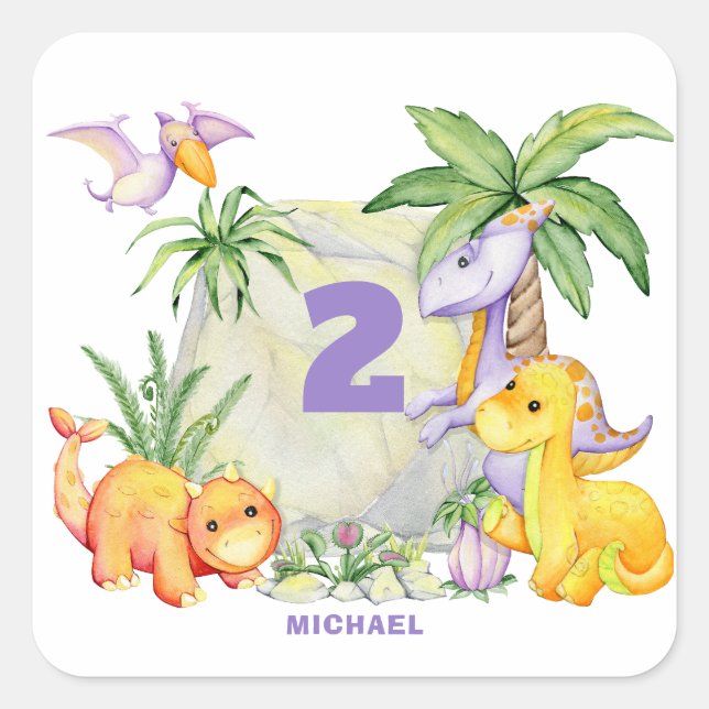 Niedlich Dinosaurier 2. Geburtstagsticker Quadratischer Aufkleber (Vorderseite)