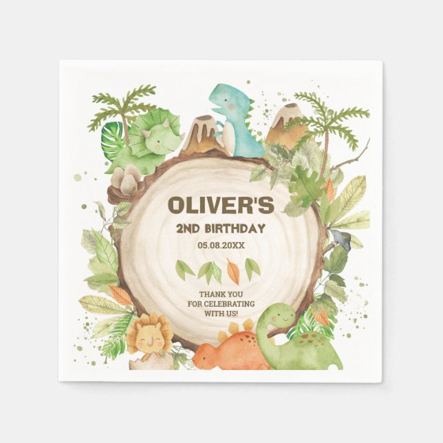 Niedlich Dinosaurier Boy Birthday Greenery Leaf T- Serviette (Vorderseite)