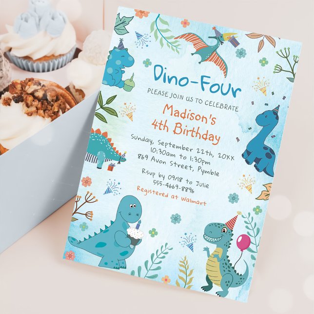 Niedlich Dinosaurier Dino 4. Geburtstag Party Einladung (Von Creator hochgeladen)