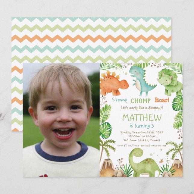 Niedlich Dinosaurier Greenery Boy Birthday Foto Einladung (Vorne/Hinten)