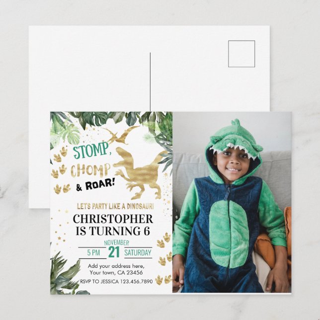 Niedlich Dinosaurier Party Foto Geburtstag Postkarte (Vorne/Hinten)