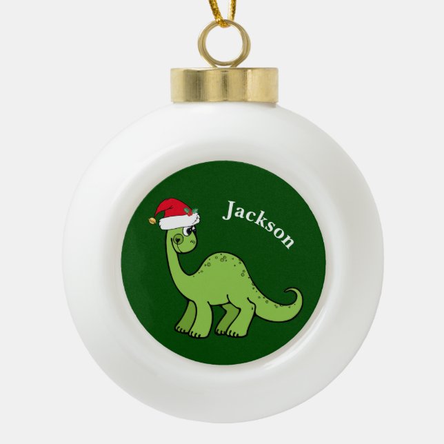 Niedlich Dinosaurier Santa Green Kids Monogram Keramik Kugel-Ornament (Vorderseite)