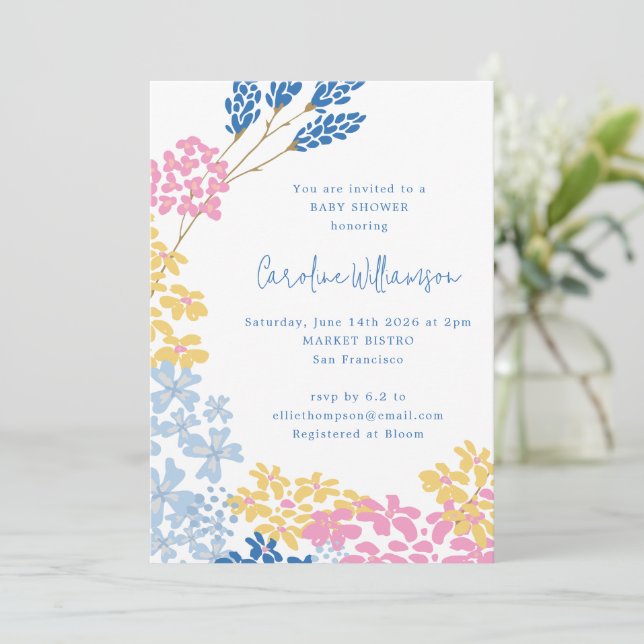 Niedlich Ditsy Blume Wreath Blue Yellow Baby Dusch Einladung (Stehend Vorderseite)