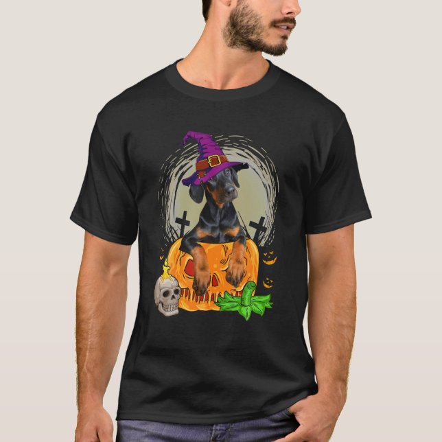 Niedlich Doberman Hexch Pumpkin Halloween Hund Lov T-Shirt (Vorderseite)