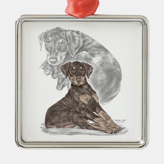 Niedlich Doberman Pinscher Puppy Silbernes Ornament (Vorne)