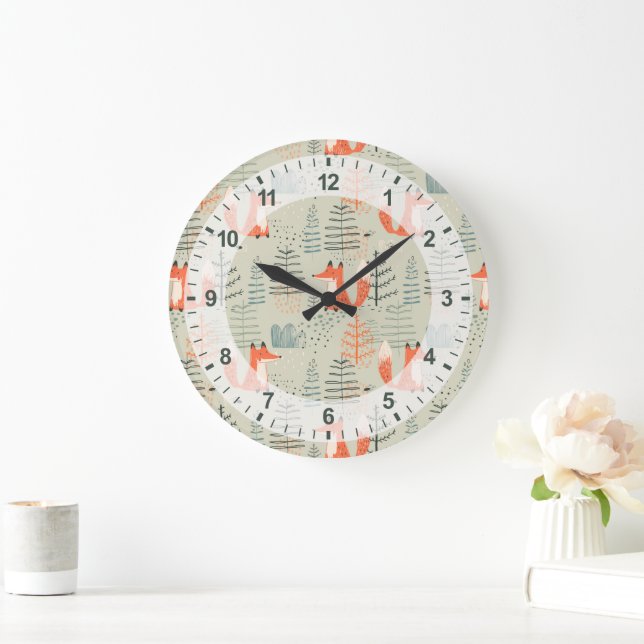 Niedlich Doodle Fox Forest Woodland Muster Große Wanduhr (Zuhause)