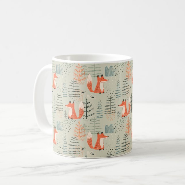 Niedlich Doodle Fox Forest Woodland Muster Kaffeetasse (Vorderseite Links)