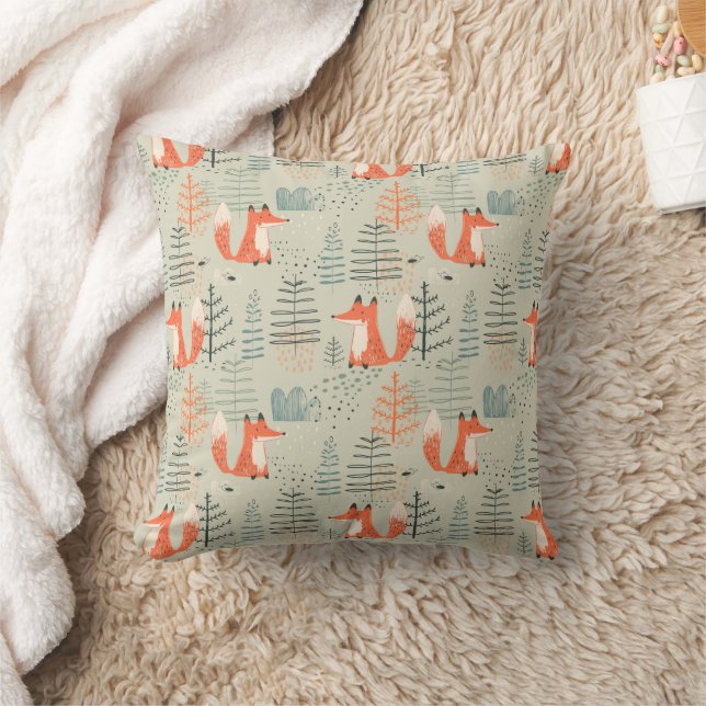Niedlich Doodle Fox Forest Woodland Muster Kissen (Decke)