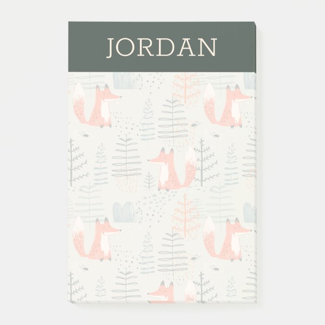 Niedlich Doodle Fox Forest Woodland Muster Post-it Klebezettel (Vorderseite)