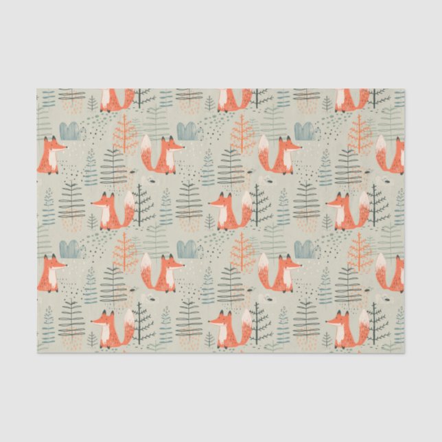 Niedlich Doodle Fox Forest Woodland Muster Seidenpapier (Vorderseite)