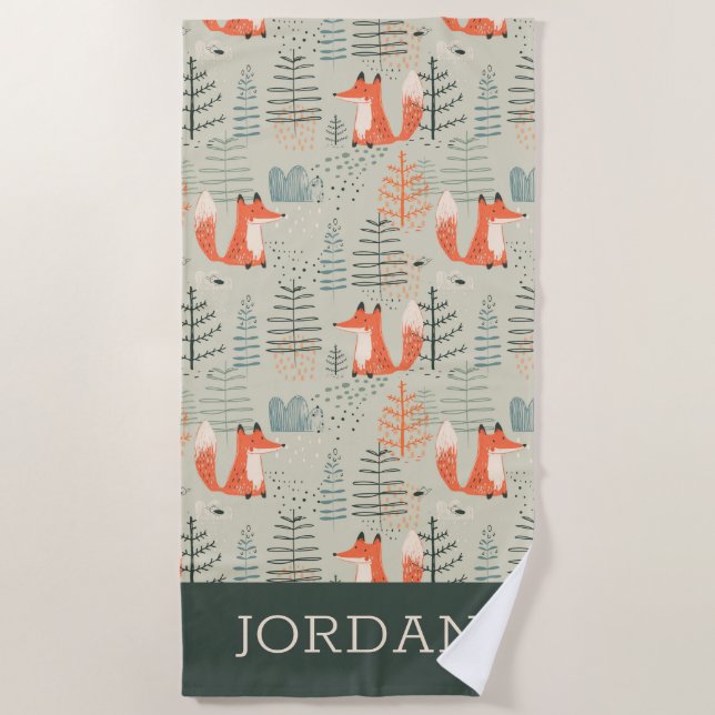 Niedlich Doodle Fox Forest Woodland Muster Strandtuch (Vorderseite)