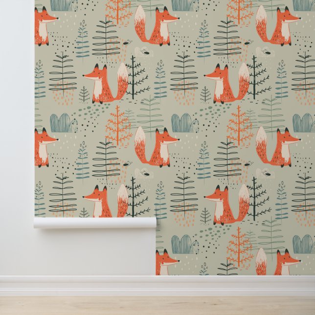 Niedlich Doodle Fox Forest Woodland Muster Tapete (Anwendung)