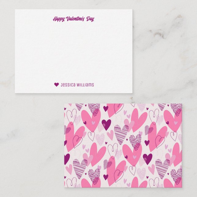 Niedlich Doodle Herzmuster Pink Valentinstag Mitteilungskarte (Vorne/Hinten)