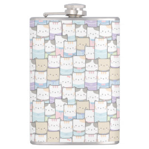 Niedlich Doodle Kitten Faces Pattern Flachmann