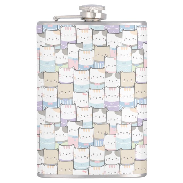 Niedlich Doodle Kitten Faces Pattern Flachmann (Vorderseite)