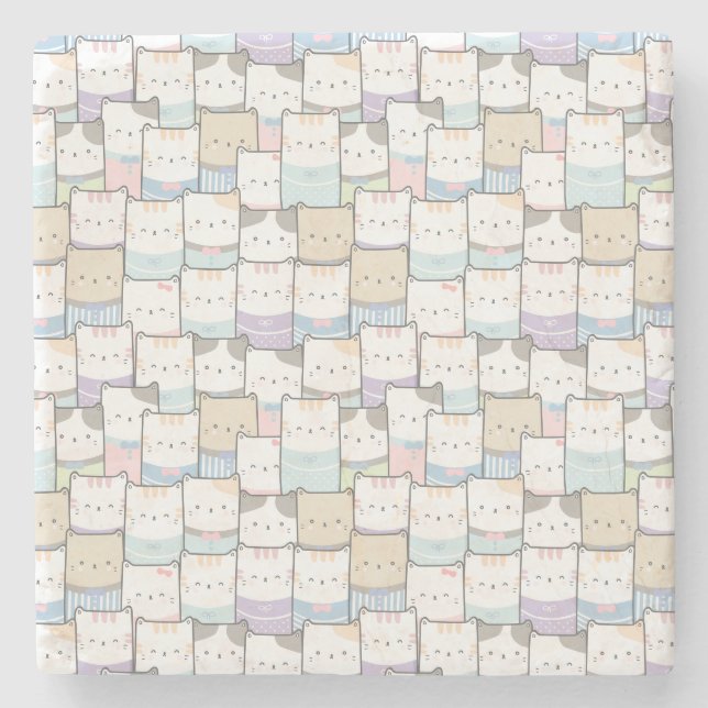 Niedlich Doodle Kitten Faces Pattern Steinuntersetzer (Vorderseite)