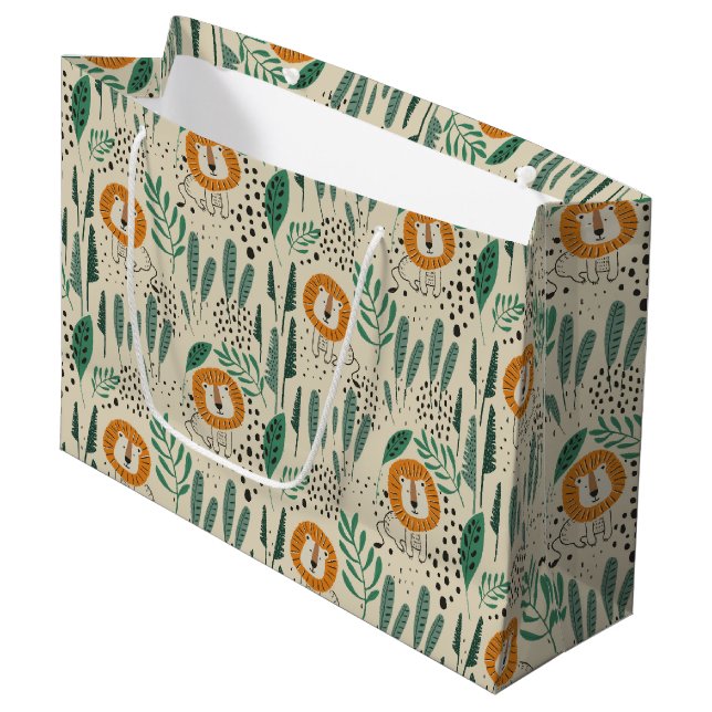 Niedlich Doodle Lion Jungle Regenwaldmuster Große Geschenktüte (Vorderseite Schrägansicht)