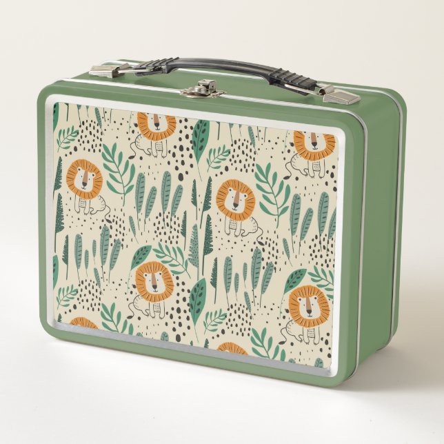 Niedlich Doodle Lion Jungle Regenwaldmuster Metall Brotdose (Vorderseite)