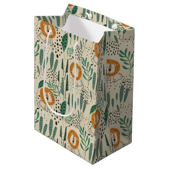 Niedlich Doodle Lion Jungle Regenwaldmuster Mittlere Geschenktüte (Vorderseite Schrägansicht)