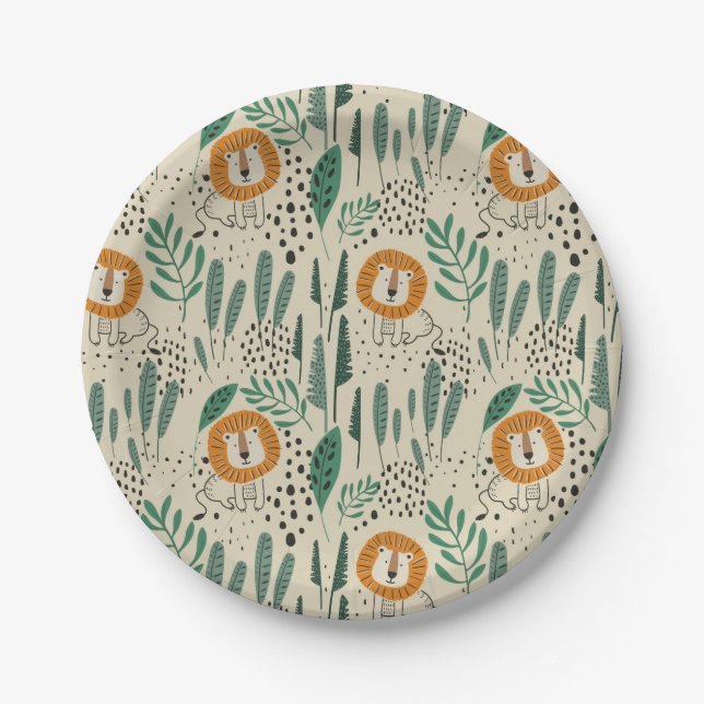 Niedlich Doodle Lion Jungle Regenwaldmuster Pappteller (Vorderseite)