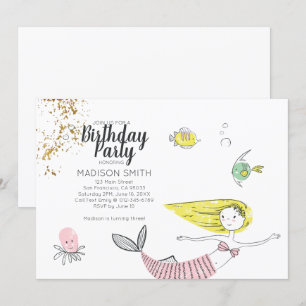 Niedlich Doodle Mermaid Imitate Gold Geburtstag Ei Einladung