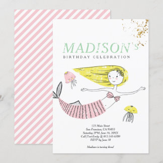 Niedlich Doodle Mermaid Imitate Gold Geburtstag Ei Einladung